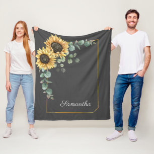 Sunflower Eucalyptus Floral Script Botanical Fleece Blanket