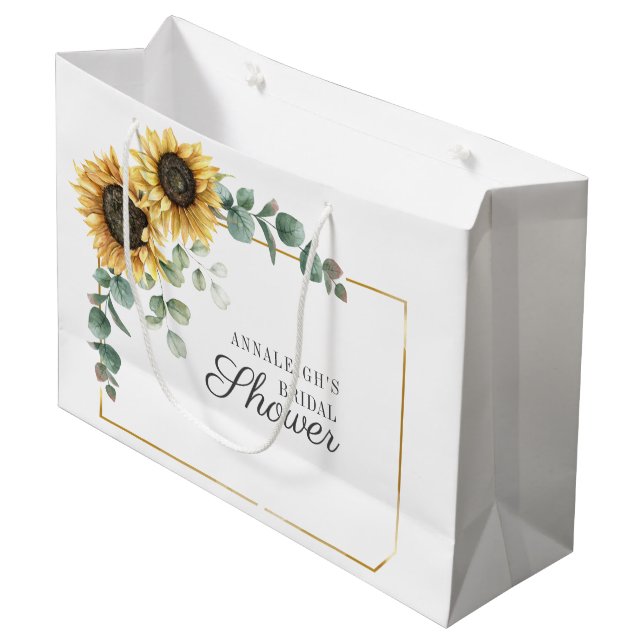 Sunflower Eucalyptus Floral Script Bridal Shower Large Gift Bag (Front Angled)