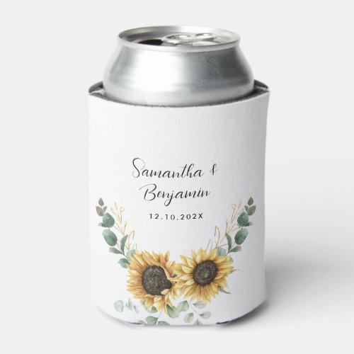 Sunflower Eucalyptus Floral Script Wedding Favor Can Cooler