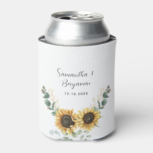 Sunflower Eucalyptus Floral Script Wedding Favor Can Cooler (Can Front)