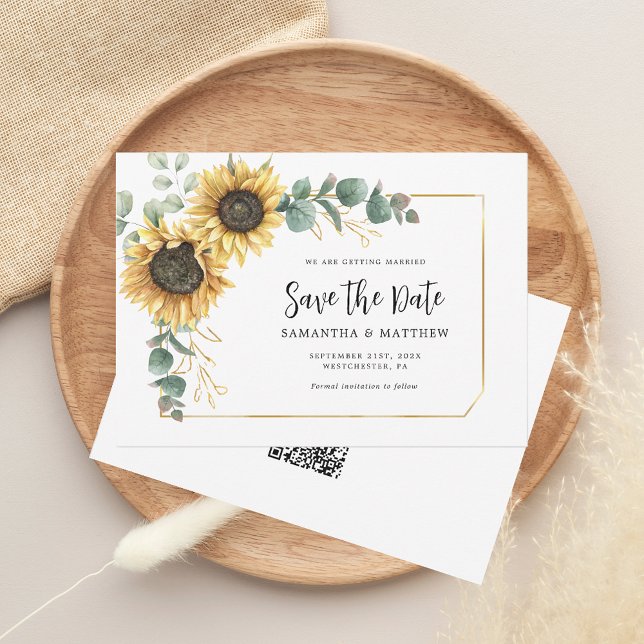 Sunflower Eucalyptus Floral Website QR Code Save The Date (Sunflower Floral Eucalyptus Wedding Save the Date Morgana Script QR Code Announcement)