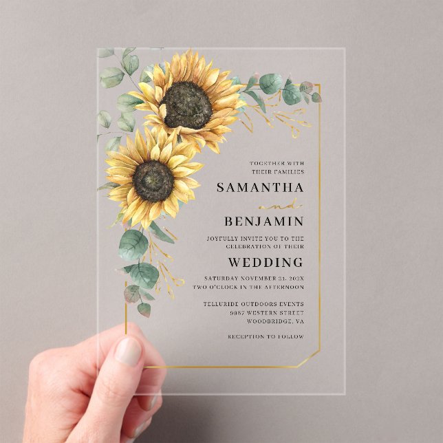 Sunflower Eucalyptus Floral Wedding Acrylic Invitations (Insitu (Handheld))
