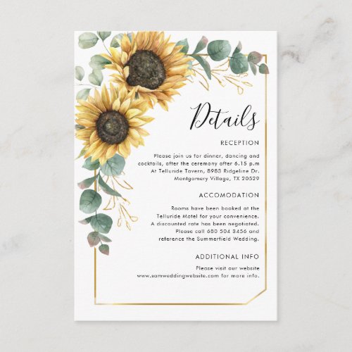 Sunflower Eucalyptus Floral Wedding Details Enclosure Card
