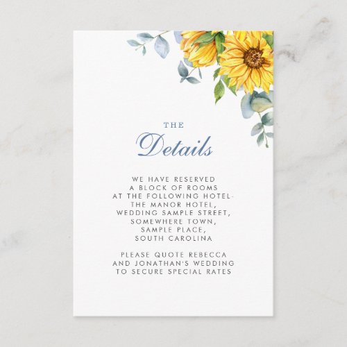 Sunflower  Eucalyptus Floral Wedding Details Enclosure Card