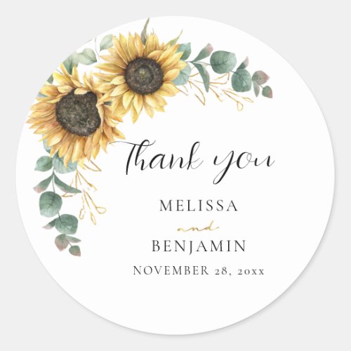 Sunflower Eucalyptus Floral Wedding Favor Classic Round Sticker