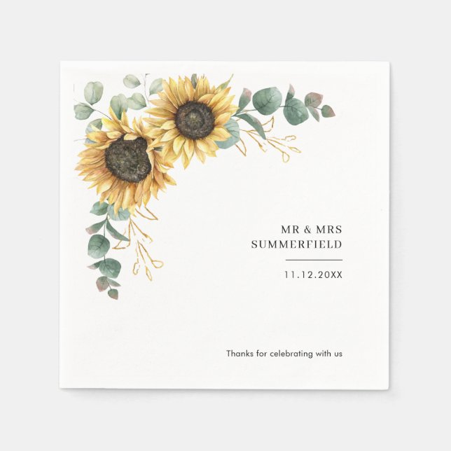 Sunflower Eucalyptus Floral Wedding Paper Napkins (Front)