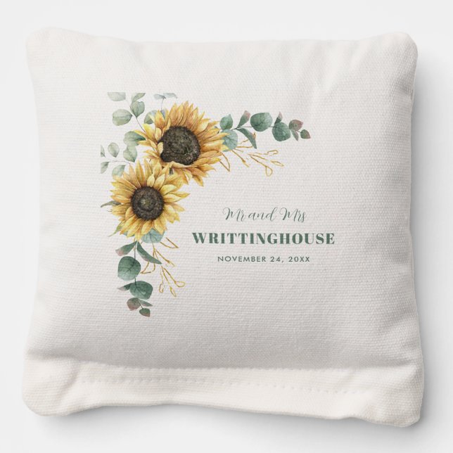 Sunflower Eucalyptus Floral Wedding Reception Cornhole Bags (Front)