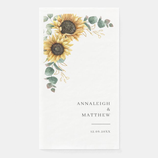 Sunflower Eucalyptus Floral Wedding Reception Paper Guest Towels (Front)
