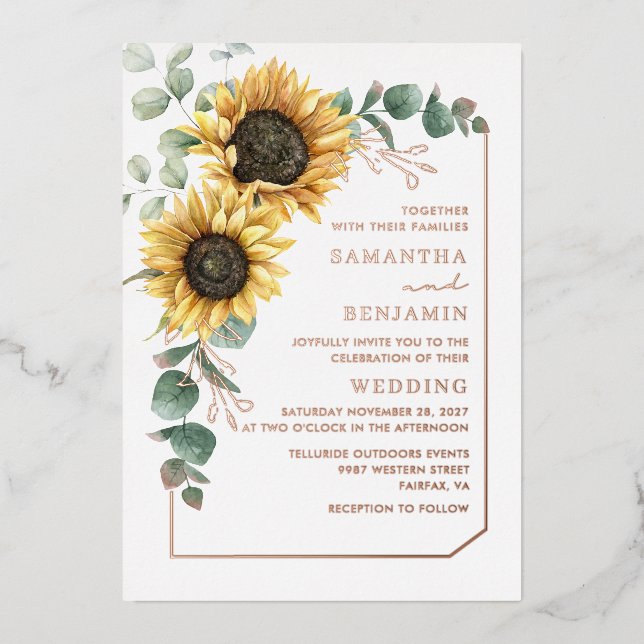 Sunflower Eucalyptus Floral Wedding Rose Gold Foil Invitation (Front)