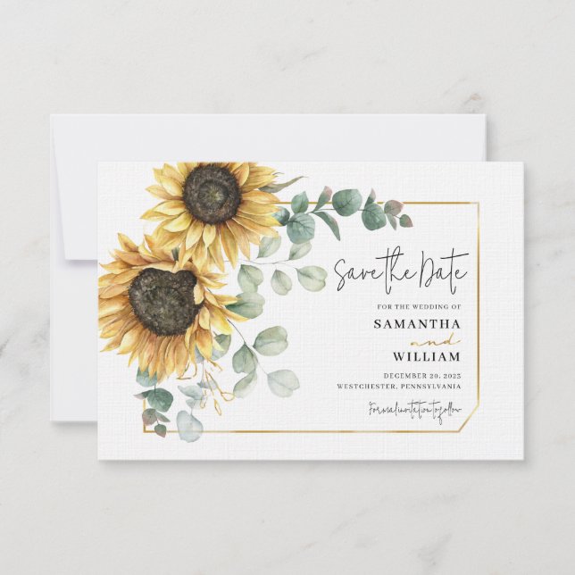 Sunflower Eucalyptus Floral Wedding Save the Date Note Card (Front)