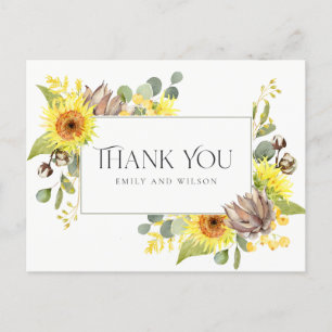 SUNFLOWER EUCALYPTUS FLORAL WEDDING THANK YOU ANNOUNCEMENT POSTCARD