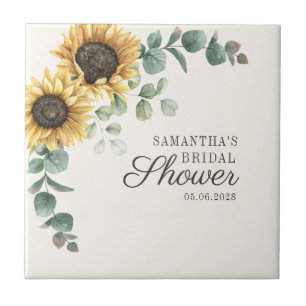 Sunflower Eucalyptus Foliage Script Bridal Shower Ceramic Tile