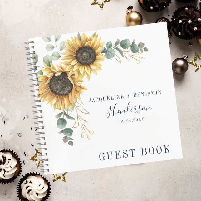 Sunflower Eucalyptus Foliage Wedding Guest Book (Sunflower Eucalyptus Greenery Floral Wedding Guest Book)
