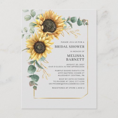 Sunflower Eucalyptus Geometric Bridal Shower Invitation Postcard
