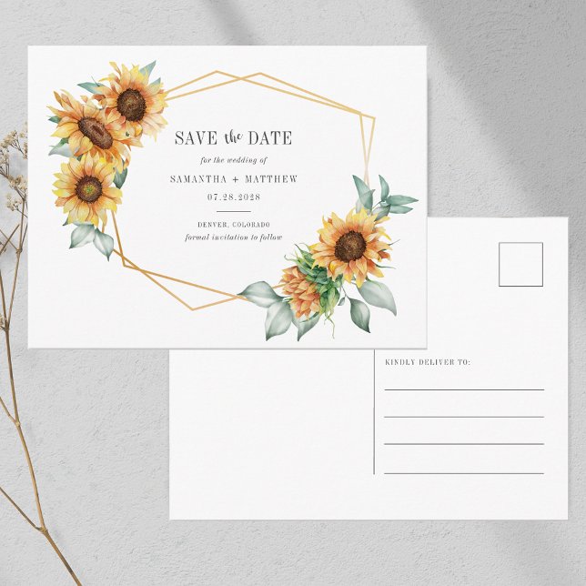 Sunflower Eucalyptus Geometric Save the Date Announcement Postcard (Sunflower Watercolor Wedding Save the Date Announcement Postcard)