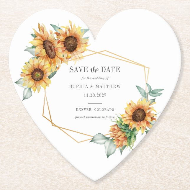 Sunflower Eucalyptus Geometric Save the Date Paper Coaster (Front)