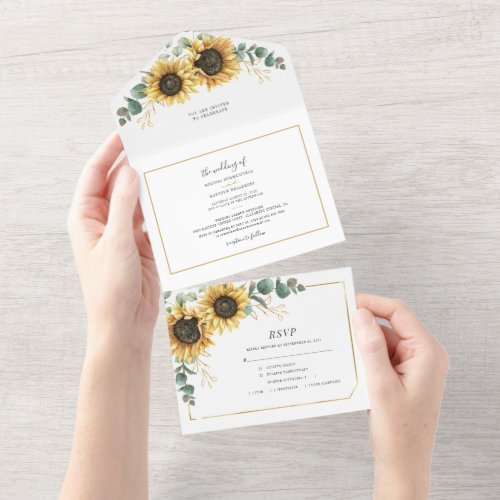 Sunflower Eucalyptus Geometric Script Wedding All In One Invitation