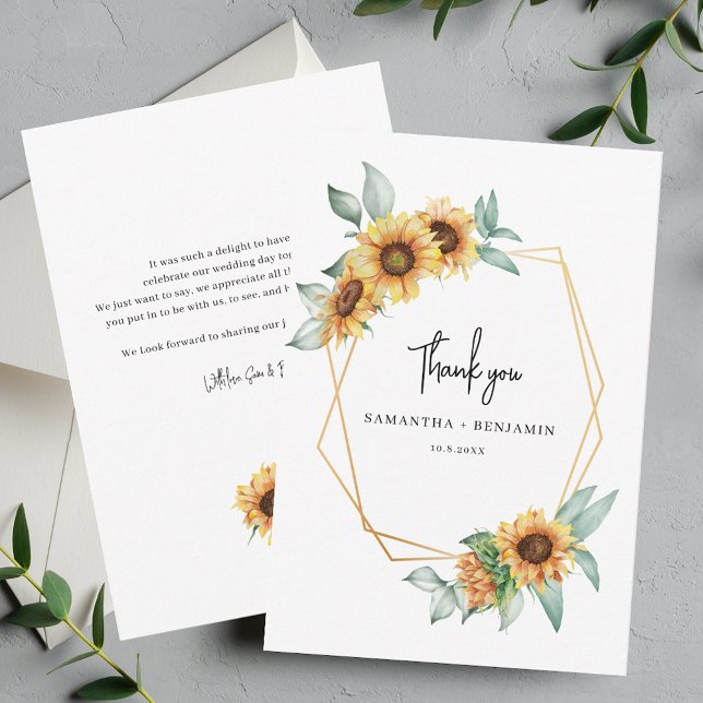 Sunflower Eucalyptus Geometric Wedding Thank You Card (Floral Sunflower Eucalyptus Wedding Thank You Script Card)