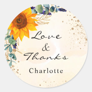 Sunflower eucalyptus glitter dust monogram thanks classic round sticker