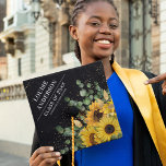 Sunflower, Eucalyptus & Gold Confetti Graduate Graduation Cap Topper<br><div class="desc">This elegant graduation cap topper features a black background with yellow sunflowers and eucalyptus greenry,  faux gold confetti,  class year,  name and school.</div>