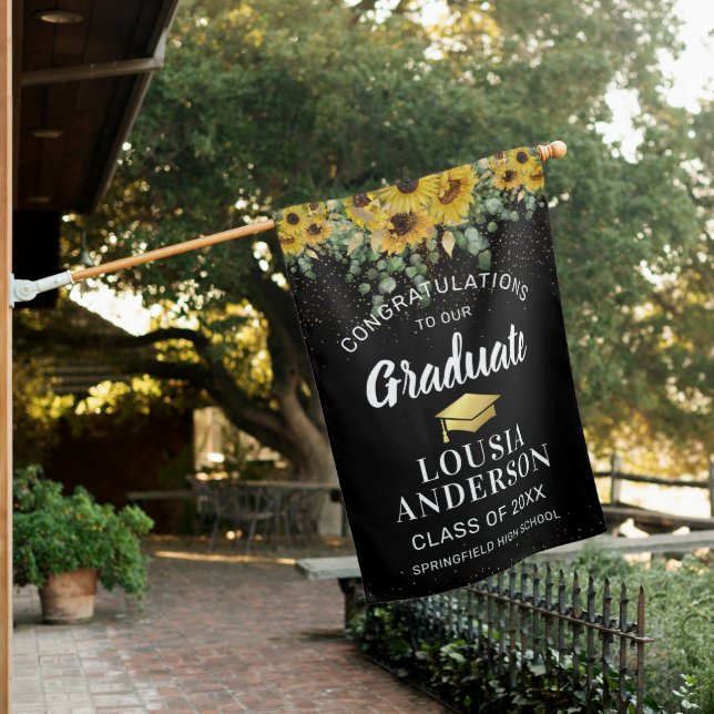 Sunflower, Eucalyptus & Gold Confetti Graduation House Flag (In SItu)