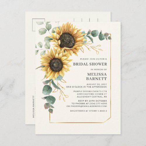 Sunflower Eucalyptus Gold Frame Bridal Shower Invitation Postcard