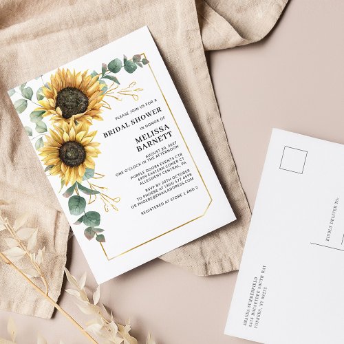 Sunflower Eucalyptus Gold Frame Bridal Shower Invitation Postcard