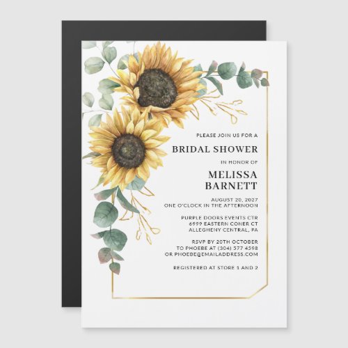 Sunflower Eucalyptus Gold Frame Bridal Shower Magnetic Invitation