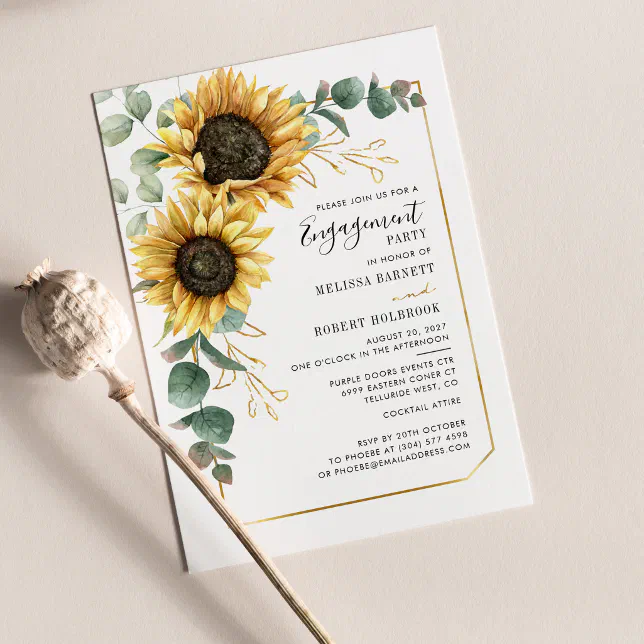 Sunflower Eucalyptus Gold Geometric Engagement Invitation | Zazzle