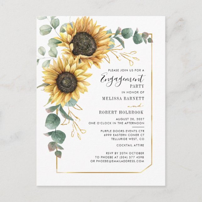 Sunflower Eucalyptus Gold Geometric Engagement Invitation Postcard (Front)