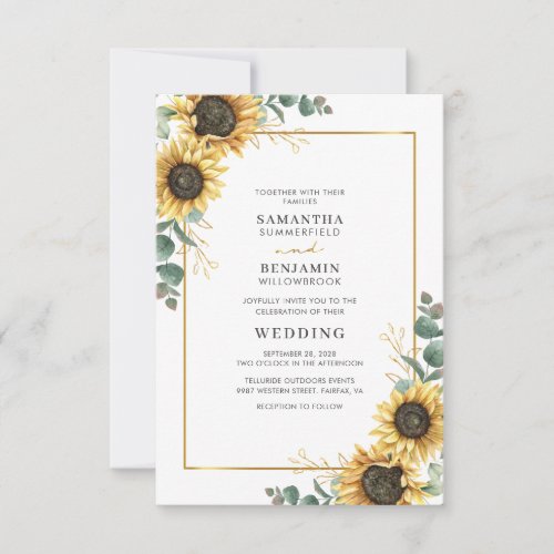 Sunflower Eucalyptus Gold Geometric Floral Wedding Invitation