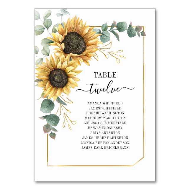 Sunflower Eucalyptus Gold Geometric Frame Wedding Table Number (Front)