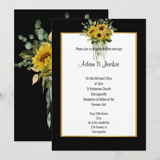 SUNFLOWER EUCALYPTUS GOLD TRIM ELEGANT WEDDING BLK INVITATION (Front/Back)