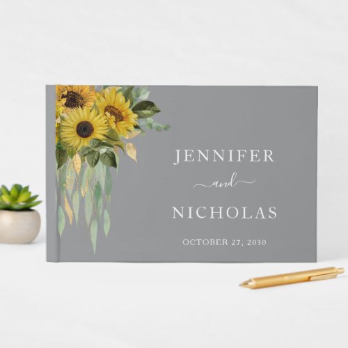 Sunflower Eucalyptus Gray Yellow Fall Wedding Guest Book