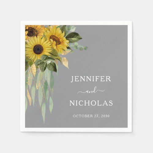 Sunflower Eucalyptus Gray Yellow Fall Wedding Napkins