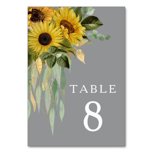 Sunflower Eucalyptus Gray Yellow Fall Wedding Table Number