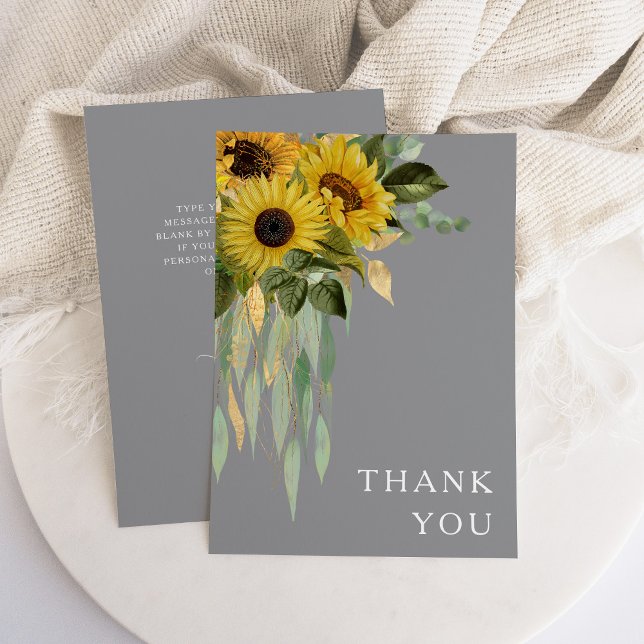 Sunflower Eucalyptus Gray Yellow Fall Wedding Thank You Card (Sunflower Eucalyptus Gray Yellow Fall Wedding Thank You Card)