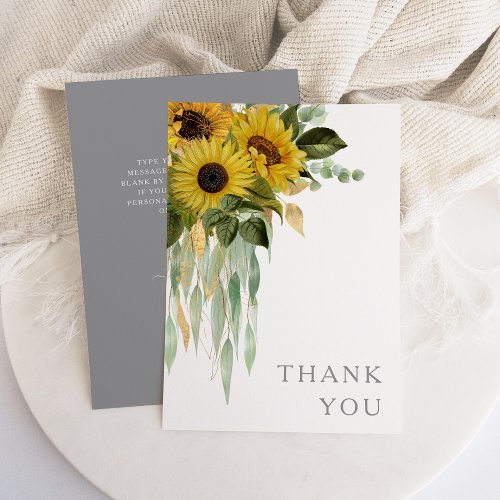 Sunflower Eucalyptus Green Gray Fall Wedding Thank You Card