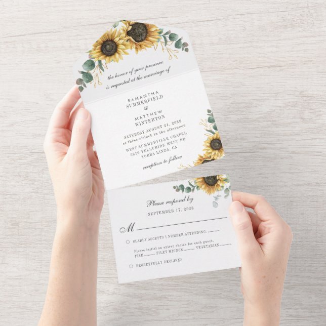 Sunflower Eucalyptus Greenery Botanical Wedding All In One Invitation (Tearaway)