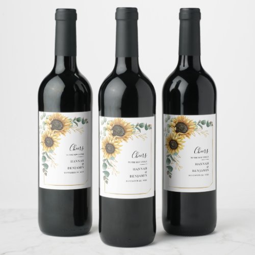 Sunflower Eucalyptus Greenery Botanical Wedding Wine Label