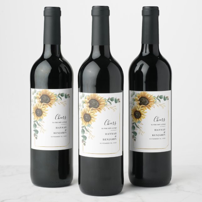 Sunflower Eucalyptus Greenery Botanical Wedding Wine Label (Bottles)