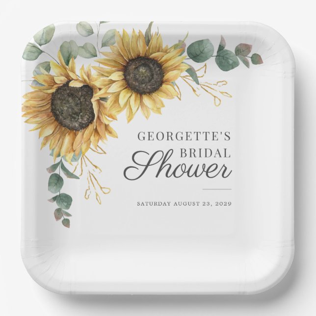 Sunflower Eucalyptus Greenery Bridal Shower Paper Plates (Front)