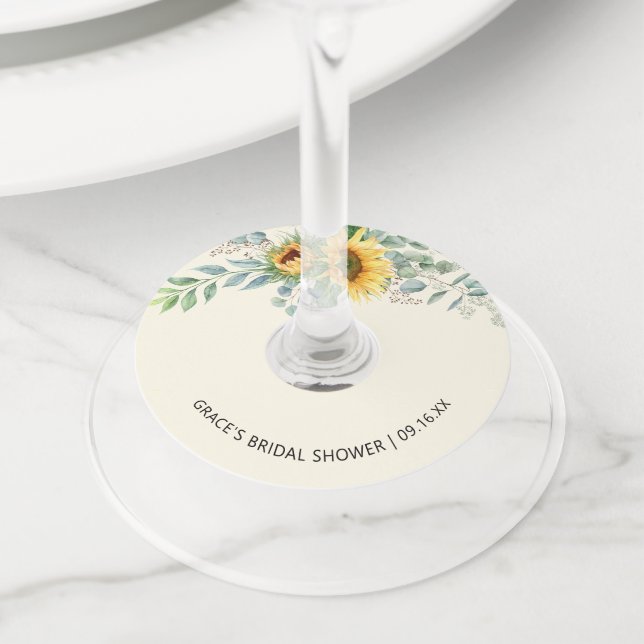 Sunflower Eucalyptus Greenery Bridal Shower Wine Glass Tag (Close Up)