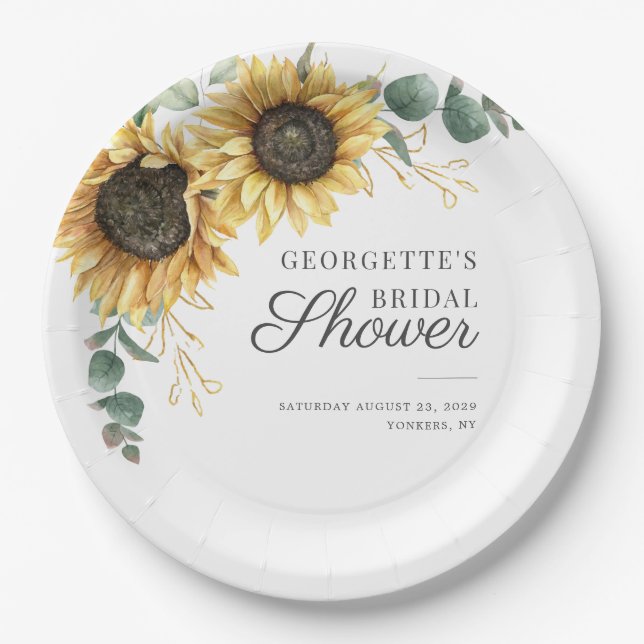 Sunflower Eucalyptus Greenery Floral Bridal Shower Paper Plates (Front)