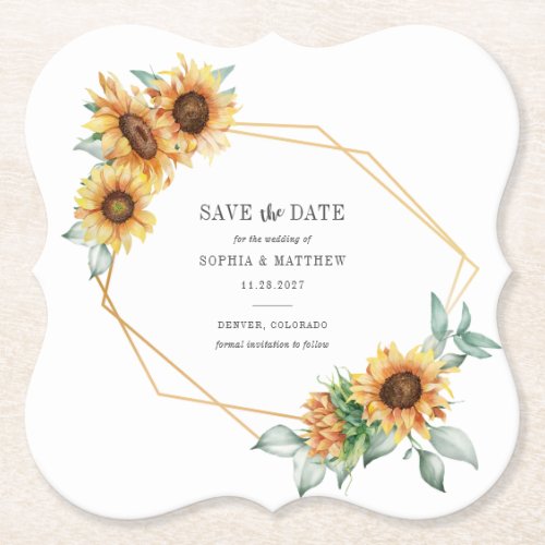 Sunflower Eucalyptus Greenery Geometric Save Date Paper Coaster