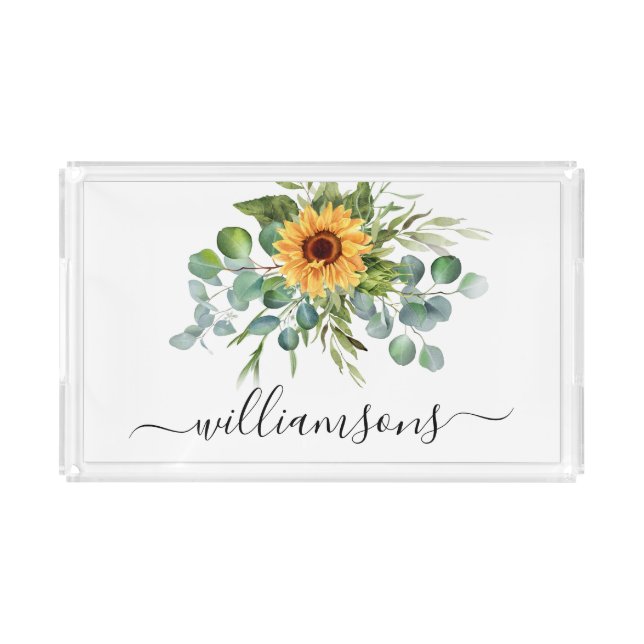 Sunflower eucalyptus greenery name script acrylic tray (Front)