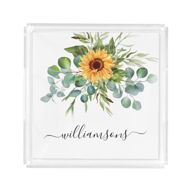 Sunflower eucalyptus greenery name script acrylic tray (Front)