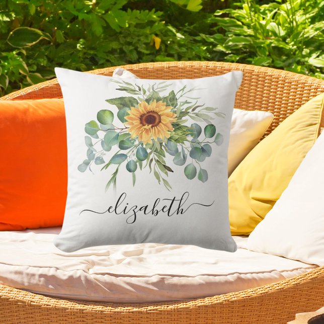 Sunflower eucalyptus greenery name script outdoor pillow (Creator Uploaded)