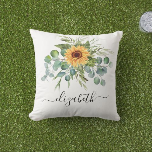 Sunflower eucalyptus greenery name script outdoor pillow