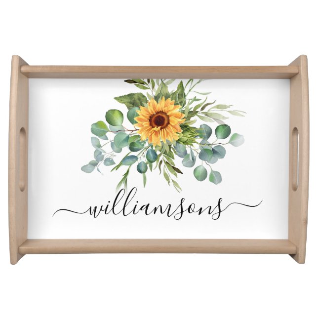 Sunflower eucalyptus greenery name script serving tray (Front)